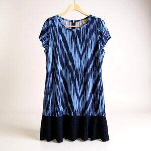 Michael Kors Blue Ikat Shift Dress Size L Cap Sleeve Navy Pleated Hem Womens